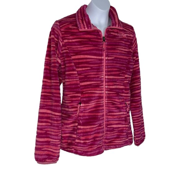 The North Face Pink Fleece Jacket Girls L 14 16 Striped Embroidered Logo Pockets - Picture 4 of 10